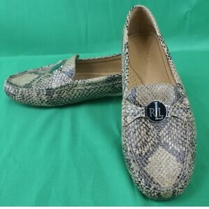 Lauren Ralph Lauren Carley Snakeskin Leather Drivers Loafers Grey Green 9B